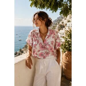 Pink Floral Linen Blend Crop Button Shirt Large Boxy Lagenlook